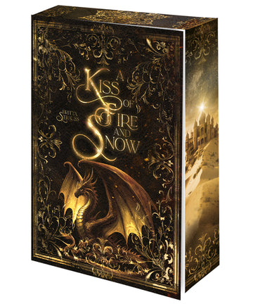 Das Cover zeigt im unteren Bereich einen goldenen Drachen, im oberen Bereich den Buchtitel. Beides wird durch goldene Verzierungen eingerahmt. Der Hintergrund ist dunkelbraun und schwarz. Der Buchschnitt zeigt  die gleichen Verzierungen und einen Palast in einer Wüstenlandschaft.